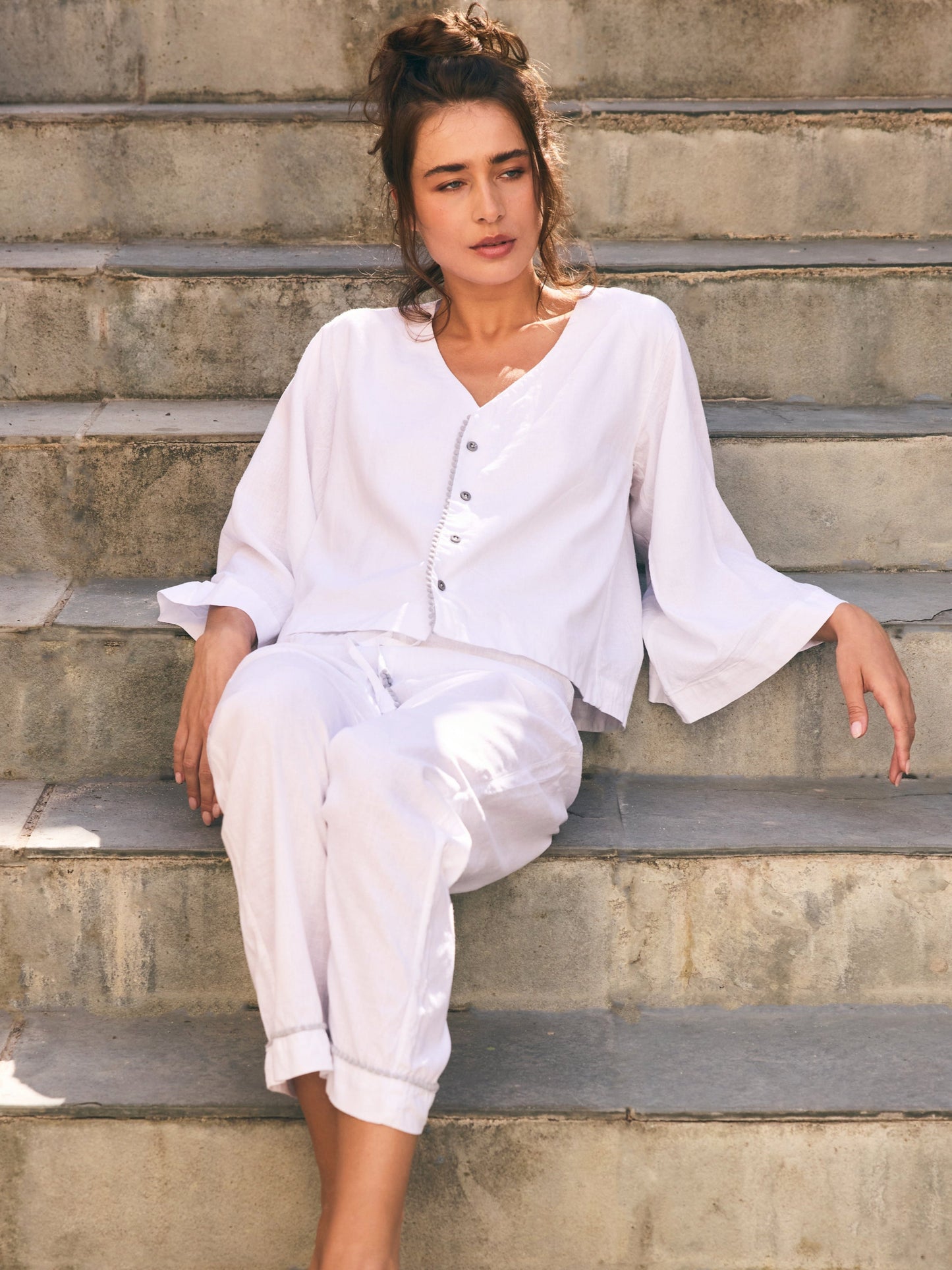 Loungy Linen Set - Long | White & Grey