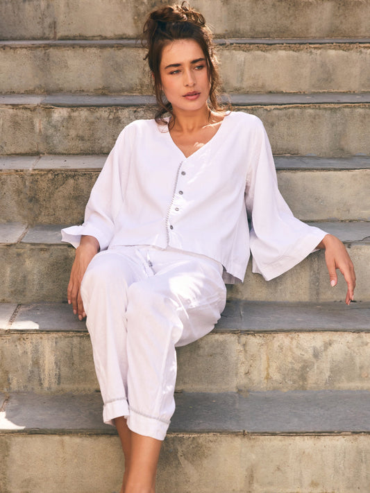 Loungy Linen Set - Long | White & Grey