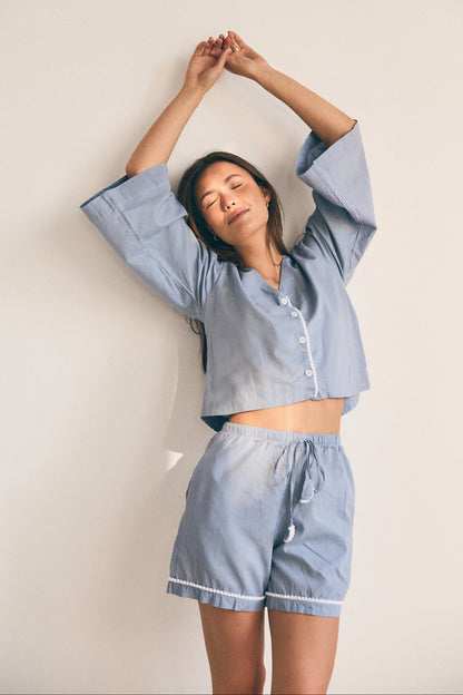 Loungy Linen Set - Short | Misty Blue